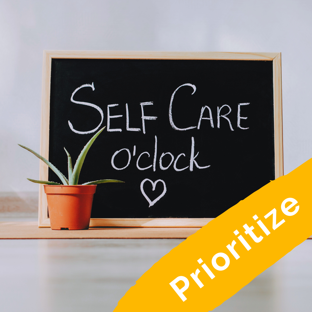 Image of a chalkboard that says "Self Care o'clock" and a cactus beside the chalkboard
